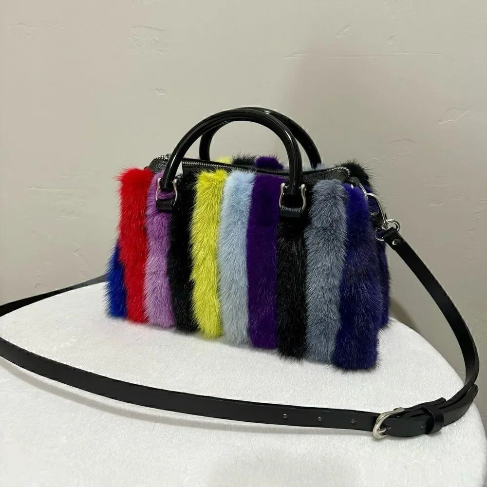 Multi Way Use Handmade Color-block Real Mink Fur Top Handles Satchel/Crossbody - Picture 2 of 16